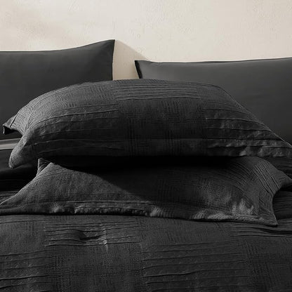 MaiRêve King Comforter Set Black, Textured Design Crinkle Bedding Sets 7 Pieces, All Season Bed in A Bag with Comforter, Sheets, Pillowcases & Shams