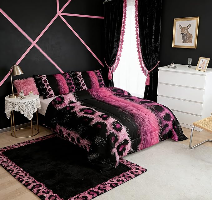 jejeloiu 3D Pink Leopard Bedding Set Queen Size Adult Leopard Comforter Set for Boys Girls Animal Print Duvet Set Wild Animal Fur Quilt Set 3Pcs