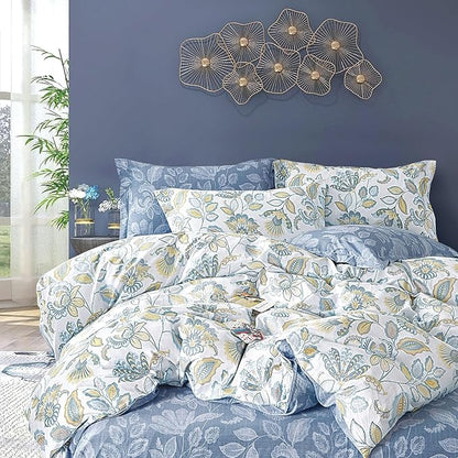 Vintage Botanical Cotton Comforter King Size 3PC - Lavish Floral on Bluish White with Frost Blue Back, Reversible Lightweight Comforter Set with Soft Fill(104"×90")