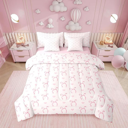 Erosebridal Pink Bow Love Hearts Pink Full Comforter Set 7 Pieces | Bowknot Kawaii Cute Bed in A Bag for Bedroom Princess Dreamy Ribbon Bedding Set with Comforters Girls Women Teens Room Decor
