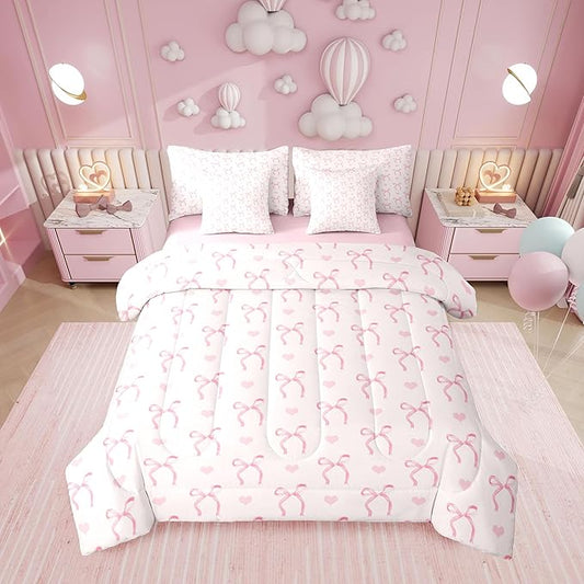 Erosebridal Pink Bow Love Hearts Pink Full Comforter Set 7 Pieces | Bowknot Kawaii Cute Bed in A Bag for Bedroom Princess Dreamy Ribbon Bedding Set with Comforters Girls Women Teens Room Decor