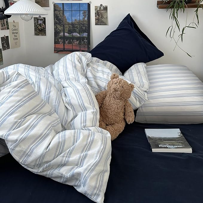 mixinni Vintage Light Blue & White Striped Comforter Set Full Size - Soft Washed Cotton 3-Piece Bedding Set (1 Comforter + 2 Pillowcases), Retro Geometric Pattern, All-Season Breathable & Fluffy