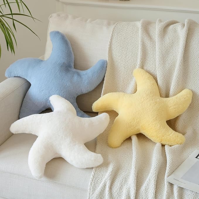 Starfish Pillow, Cute Decorative Pillows for Couch Bed, Aesthetic Room Decor Accent Pillow Plush with Soft Faux Rabbit Fur for Bedroom Living Room (Ivory White, 19.6 Inches)