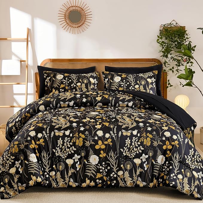 Yiran Queen Comforter Set, 7 Pieces Black Floral Soft Bedding Sets, Queen Bed in a Bag with Brown Botanical Flowers Winter Comforter, Sheets, Pillowcases & Shams