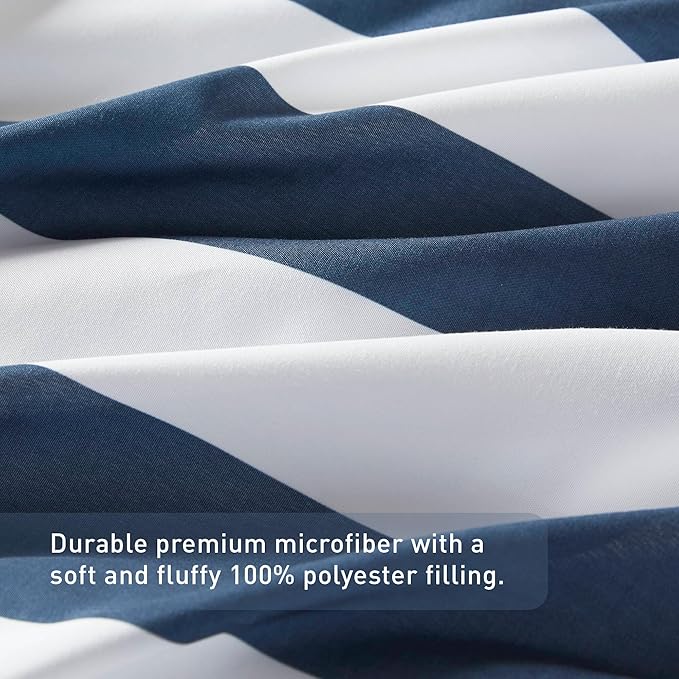 Reversible Striped Queen Comforter Set, Soft Microfiber Bedding Set with Double-Sided Stripes Design, Warm & Cozy for All-Seasons, 3-Piece Comforter and Shams Set Queen Size, Navy