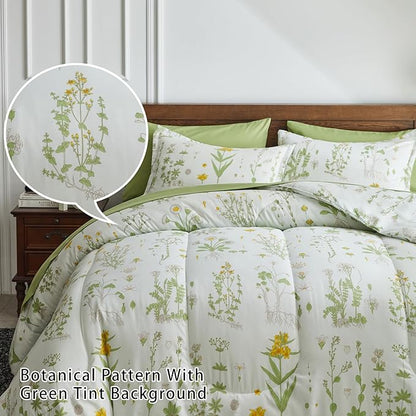 Joyreap 7 Piece Botanical Bed in a Bag Queen, Green Leaves Yellow Flower on Green Tint, Smooth Soft Microfiber Comforter Sheet Set for All Season