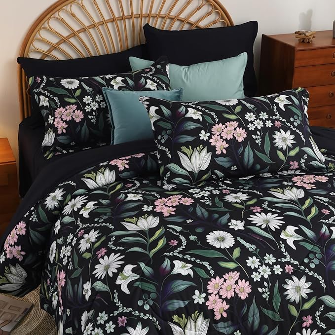EVENHUG King Comforter Set 7 Pieces Lightweight Soft Queen Size Comforters for All Season Floral Bedding Sets Bed in a Bag with Flat Sheet and Fitted Sheet Pillowcases (104"x90")