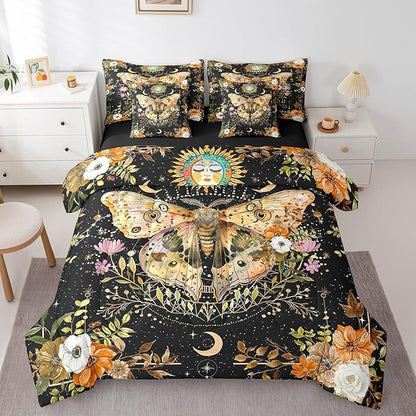 Feelyou Death Moth Print Bedding Set with Comforter, Boho Moth Comforter Queen Size 7Pcs Halloween Decorations Bed in a Bag with Comforter, Sun Moon Bohemian Flat Sheet, Fitted Sheet, Pillowcases