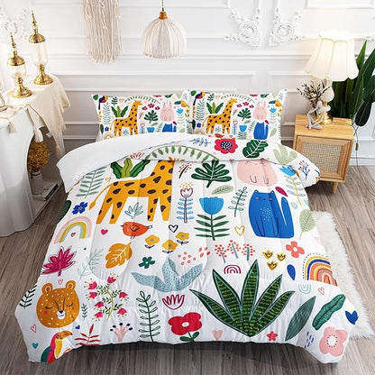 Kids Cute Cat Comforter Set Twin Size 3Pcs Cartoon Pet Rainbow Giraffe Fishing Bedding Set Lovely Animal Parrot Flower Quilt Bed Set for Children Girls Boys Room Decor