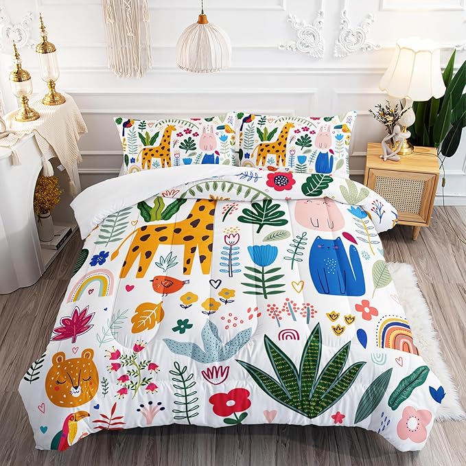 Kids Cute Cat Comforter Set Queen Size 3Pcs Cartoon Pet Rainbow Giraffe Fishing Bedding Set Lovely Animal Parrot Flower Quilt Bed Set for Children Girls Boys Room Decor