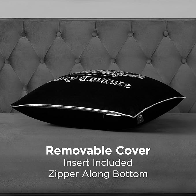 Juicy Couture Square 1-Piece Living Room and Bedroom Décor, Premium Throw Pillow, 20"x20", Black Rhinestone Crown