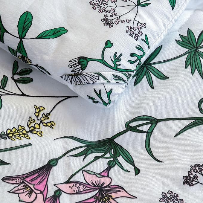 Cotton Comforter King Size Set – White Green Botanical Floral Bedding, Soft & Breathable Comforter, All-Season Down-Alternative Filling, 1 Comforter & 2 Pillow Shams