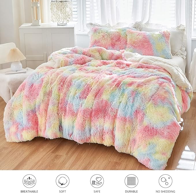 Joyreap 3-Piece Plush Shaggy Comforter Set, King Size Luxury Faux Fur Sherpa Reversible Bedding Comforter Set, Ultra Cozy Warm Fluffy Bedding Set for Winter (Rainbow, 100x88 inches)