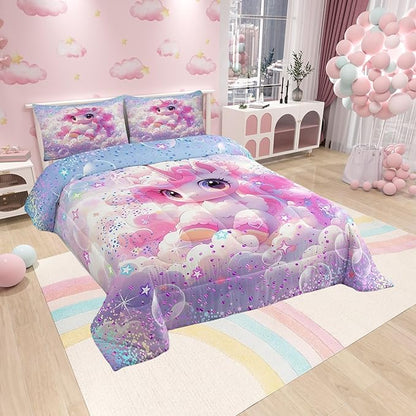 Unicorn Comforter Set Queen Size,Kawaii Unicorn Clouds Bubbles Bedding Set for Girls Bedroom Decoration,Rainbow Glitter Galaxy Bed Duvet Insert,Colorful Dream Sky Comforter with 2 Pillowcases
