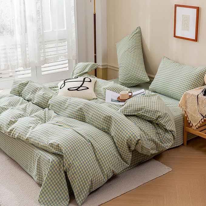 HighBuy Green Blue Gingham Comforter Set Full Vintage Boho Plaid Grid Pattern Comforter for Men Boy Teen Chic Checkered Printed Gingham Bedding Fluffy Soft Comforter Set for All Season