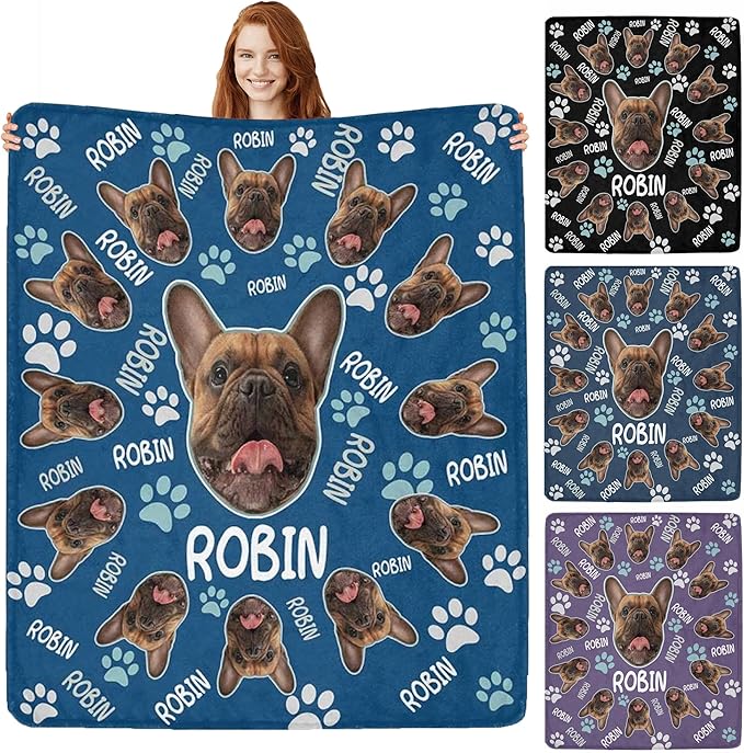 Custom Paw Prints Pet Name Blanket Personalized Dog Memory Blankets with Photos Customized Puppy Blanket for Large Medium Small Dog, Dog Gift for Dog Lovers Mom Dad Cute Dog Cat