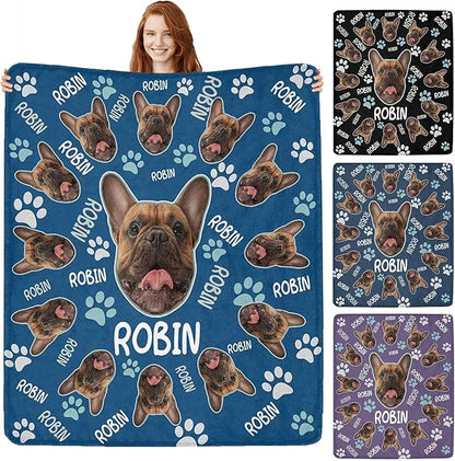 Custom Paw Prints Pet Name Blanket Personalized Dog Memory Blankets with Photos Customized Puppy Blanket for Large Medium Small Dog, Dog Gift for Dog Lovers Mom Dad Cute Dog Cat