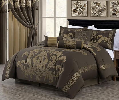 Chezmoi Collection Royale 7-Piece Jacquard Floral Comforter Set, Oversized King, Coffee/Gold