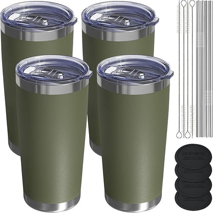 Travel Coffee Tumbler 20oz, 4 Pack Leakproof Travel Coffee Mug with Lid and Straw, Stainless Steel Double Wall Vacuum Insulated Tumbler for Hot/Iced Drinks (Army Green, Textured Matte)