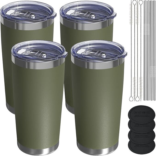Travel Coffee Tumbler 20oz, 4 Pack Leakproof Travel Coffee Mug with Lid and Straw, Stainless Steel Double Wall Vacuum Insulated Tumbler for Hot/Iced Drinks (Army Green, Textured Matte)