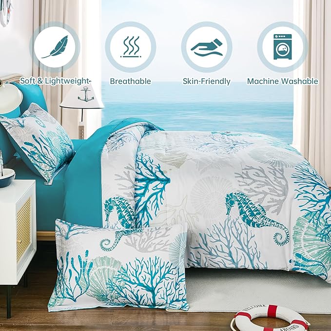 WONGS BEDDING Coastal Comforter Set Queen, Beach Themed Comforter,7 Pieces Ocean Nautical Seaweed & Starfish Bed in a Bag (90"×90")