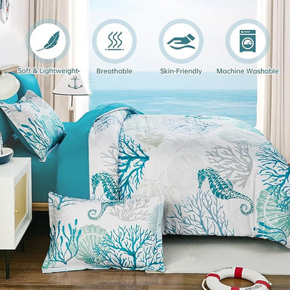 WONGS BEDDING Coastal Comforter Set Queen, Beach Themed Comforter,7 Pieces Ocean Nautical Seaweed & Starfish Bed in a Bag (90"×90")