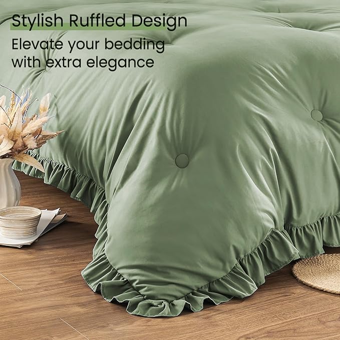 QUIETSEA Full Bed in a Bag 7 Pieces Full Size Comforter Set, Ruffle Shabby Chic Bedding Comforter Set Green Bed Set with Comforter, Pillowcases, Flat Sheet, Fitted Sheet and Pillow Shams
