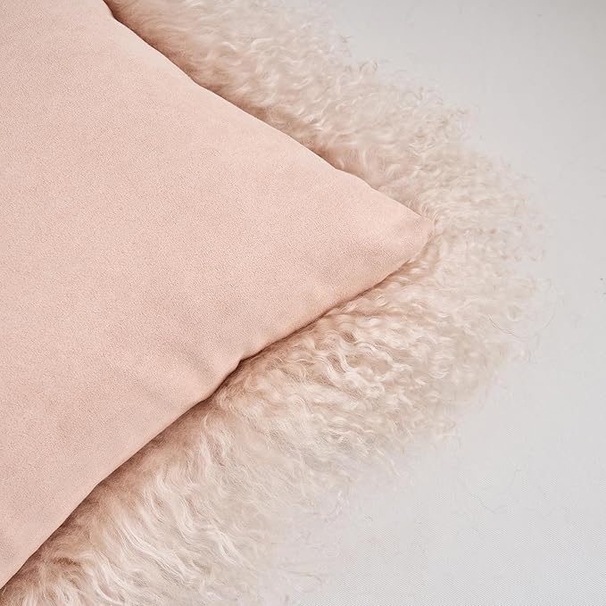 Genuine Mongolian Lamb Fur Pillow Cover – 12"x20" Rectangular Cushion Case – Soft Curly Wool Decorative Accent for Sofa, Bed, or Chair (Dusty Pink)