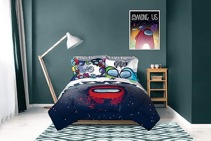 Jay Franco Among Us Space Splatter 5 Piece Queen Size Bed Set-Comforter & Sheet Set-Soft Fade Resistant Microfiber (Official Among Us Product)