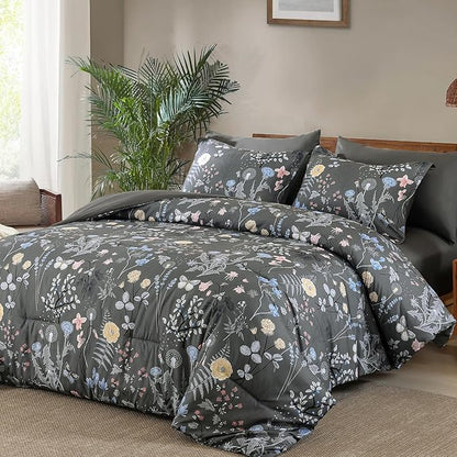 Yiran 7 Piece Grey Floral Comforter Set Queen Size, Botanical Flowers Bed in a Bag Queen, Soft Microfiber Complete Bedding Set with Sheets for All Season