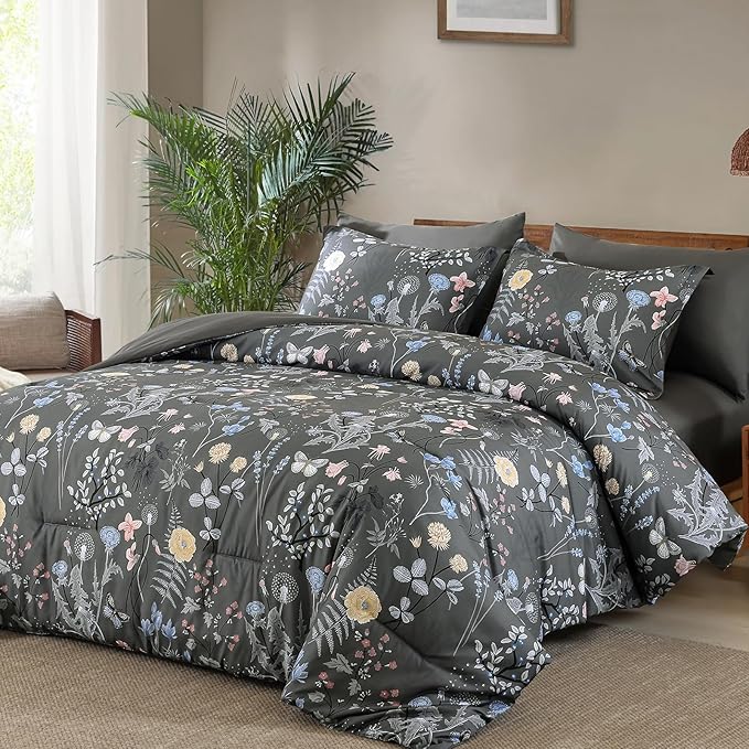 Yiran 7 Piece Grey Floral Comforter Set King Size, Botanical Flowers Bed in a Bag King, Soft Microfiber Complete Bedding Set with Sheets for All Season
