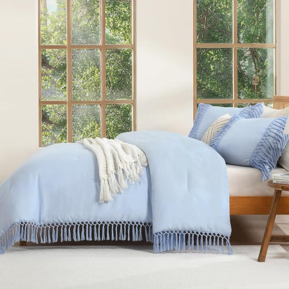 Andency Light Blue Comforter Set California King, 3 Pieces Boho Cal King Tassel Lightweight Soft Bedding Comforter Sets, Oversized Bed Set (104x96In Comforter & 2 Pillowcases)