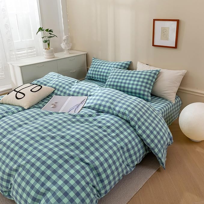 VM VOUGEMARKET Green Plaid Comforter Set Full,Washed Cotton Gingham Comforter with 2 Pillowcases for All Seasons,3 Pcs Modern Simple Grid Bedding Set for Teens