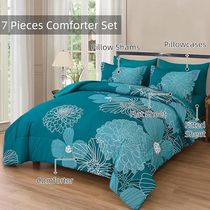 Yiran Teal Floral Comforter Set King 7 Pieces Bed in a Bag Soft Microfiber Bedding Set with 1 Comforter 1 Flat Sheet 1 Fitted Sheet 2 Pillowshams and 2 Pillowcases 104''x90''