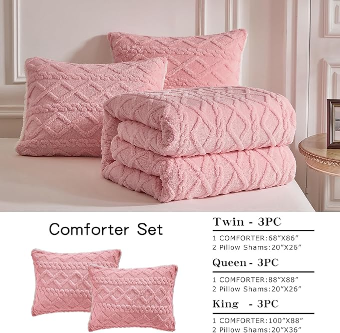 Joyreap 3-Piece Fluffy Faux Fur Sherpa Comforter Set Pink, Queen Size Luxury Tufted Bedding Comforter Set, All Season Soft n Cozy Plush Comforter Bed Set- 88x88 inches