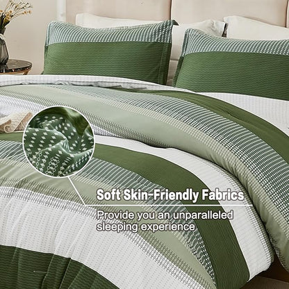 Litanika Olive Green Comforter Set Queen - 3 Pieces Lightweight Olive Green White Colorblock Stripe Fluffy Bedding Comforter Sets, All Season Bed Set