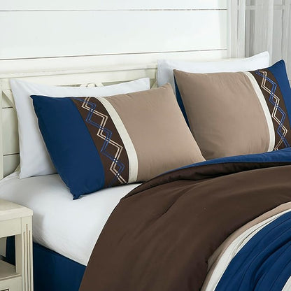Chezmoi Collection Arden 7-Piece Modern Pleated Stripe Embroidered Zigzag Bedding Comforter Set (King, Coffee/Brown/Navy/White)
