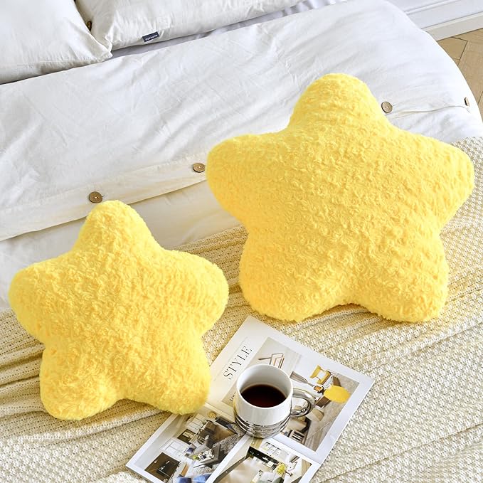 Star Pillow, 19.7" Star Shaped Plush Pillow for Couch Bed Sofa, Cute Decorative Throw Pillows with Soft Faux Fur Room Decor for Bedroom Living Room (Yellow)
