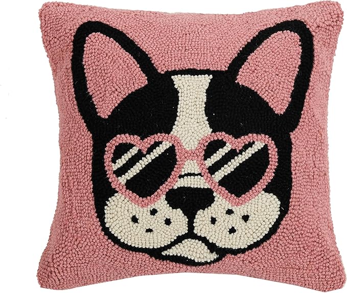 Cool French Bulldog with Glasses Wool Hook Pillow by The Pillow Shoppe, 16" Square