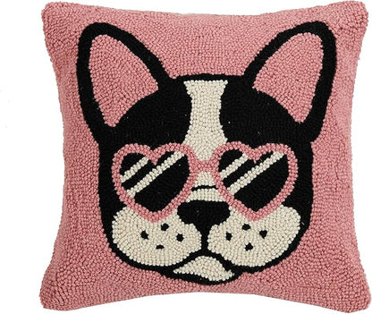 Cool French Bulldog with Glasses Wool Hook Pillow by The Pillow Shoppe, 16" Square