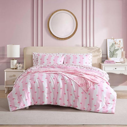 Betsey Johnson - Comforter Set, Super Soft Bedding with Matching Sham & Sheets, Includes Bonus Pillowcase & Reversible Plush Throw (Bow Stripe Pink, Queen)