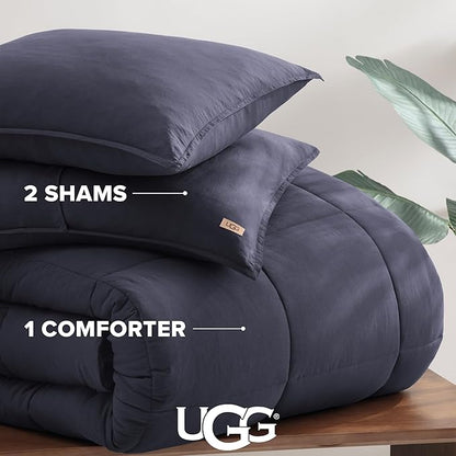 UGG Leonora Comforter Set with 2 Pillow Shams Lightweight Down Alternative Blanket Reversible Cozy Warm All Season Washable and Hypoallergenic Bedding Set, Full/Queen, Navy Blue
