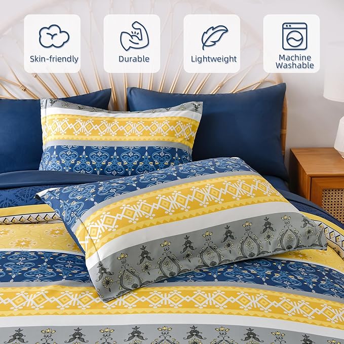WONGS BEDDING Boho Comforter Set King, 7 Pieces Navy Blue and Yellow Comforter Set Bohemian Bed in A Bag Striped Paisley Floral Comforter and Sheet Set Soft Microfiber Bedding Set for All Season