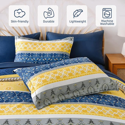 WONGS BEDDING Boho Comforter Set King, 7 Pieces Navy Blue and Yellow Comforter Set Bohemian Bed in A Bag Striped Paisley Floral Comforter and Sheet Set Soft Microfiber Bedding Set for All Season