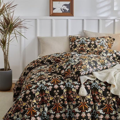 MKXI Shabby Chic Floral Black Comforter Set Nature-Inspired Bedding Comforters Cottage Style Botanical Bed Comforter Set Bohemian Full Size Comforter Set Black Floral