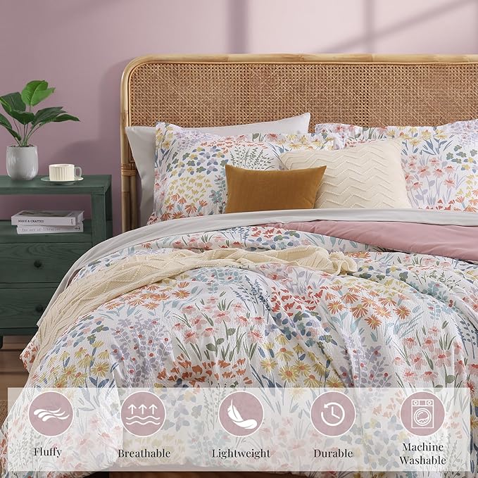CASAAGUSTO King Comforter Set, 7 PCS Pinkish Floral Comforter Set with Flowers Leaves Pattern, Soft Seersucker Design All Season King Size Bedding Set(102"X90")