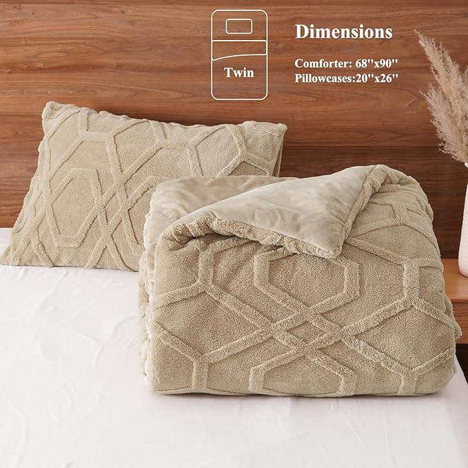 PHF Warm Sherpa Fleece Twin Comforter Set, 3D Tufted Fluffy Khaki Bedding for Winter, Soft 2 Pieces Shaggy Bed Set, 1 Comforter (68"x90") and 1 Pillowcase (20"x26")