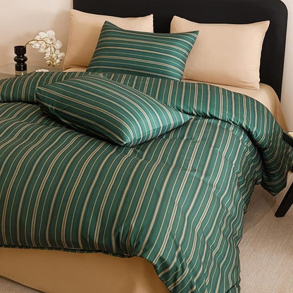 CLOTHKNOW Green Striped Full Size Comforter Sets Ticking Farmhouse Bedding Comforter Sets Hunter Green Comforter Boho Soft with 2 x Pillow Cases