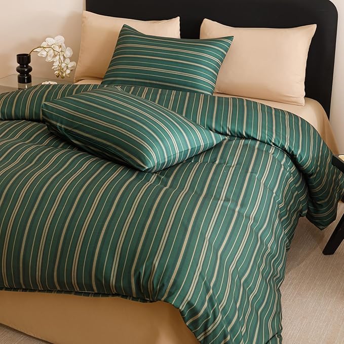 CLOTHKNOW Green Striped King Size Comforter Set Farmhouse Bedding Comforter Sets Ticking Farmhouse Comforter with 2 x Pillow Cases