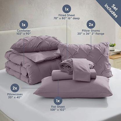 Nestl 7-Piece Pinch Pleated Comforter Set - Dusty Purple, King Size, All Season, Bed in a Bag, Includes Flat & Fitted Sheets, Pillowcases & Shams